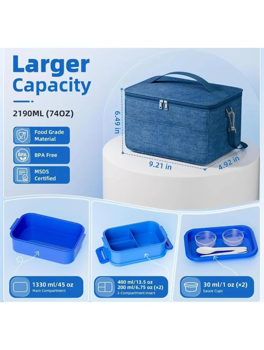 Stackable Bento Lunch Box Set with Insulated Carry Bag, Blue and Gray